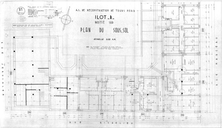 Plan du sous-sol (moitié sud), P. Labadie arch., [1959]. (archives municipales de Tours, Permis de construire 1959/n°1047).