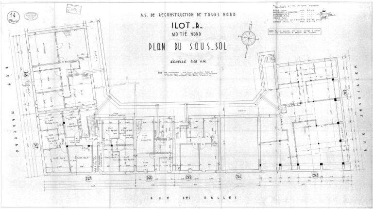 Plan du sous-sol (moitié nord), P. Labadie arch., [1959]. (archives municipales de Tours, Permis de construire 1959/n°1047).