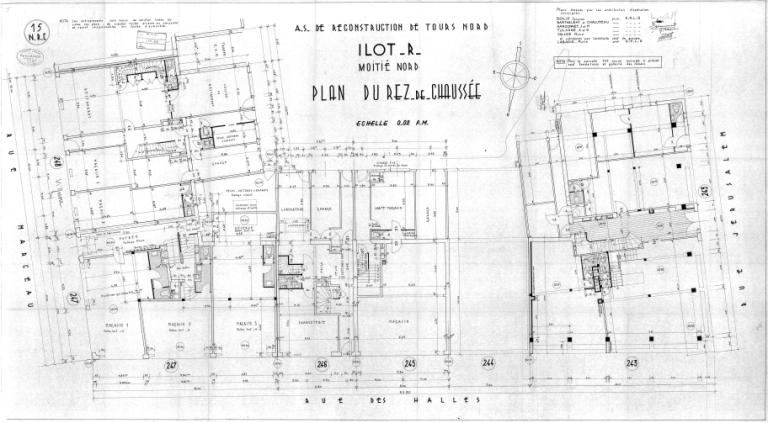 Plan du rez-de-chaussée (moitié nord), P. Labadie arch., [1959]. (archives municipales de Tours, Permis de construire 1959/n°1047).