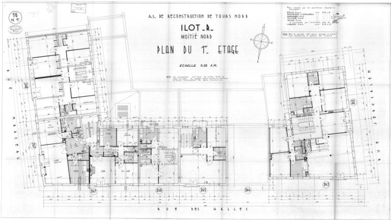 Plan du premier étage (moitié nord), P. Labadie arch., [1959]. (archives municipales de Tours, Permis de construire 1959/n°1047).
