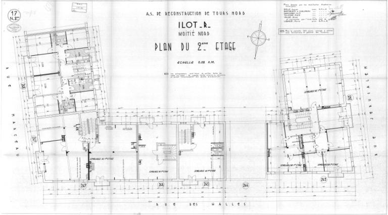 Plan du deuxième étage (moitié nord), P. Labadie arch., [1959]. (archives municipales de Tours, Permis de construire 1959/n°1047).