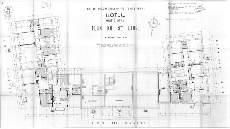 Plan du troisième étage (moitié nord), P. Labadie arch., [1959]. (archives municipales de Tours, Permis de construire 1959/n°1047).