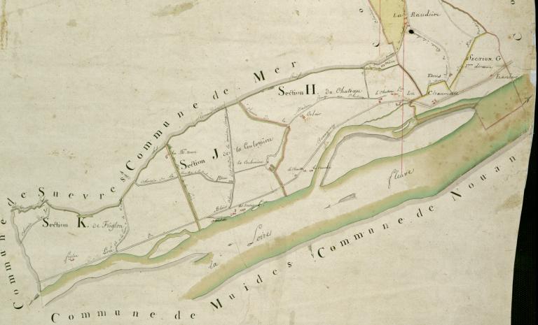 Extrait du cadastre napoléonien, détail, 1812. Mention du bac reliant Courbouzon à Muides. (archives départementales du Loir-et-Cher, 3 P 2/68/1).