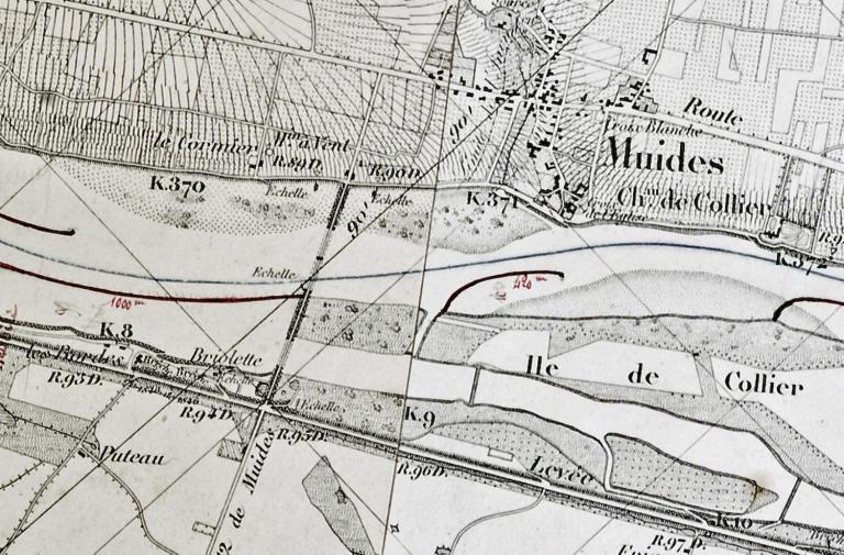Carte de la Loire de Briare à Nantes par l'ingénieur Coumes (1848) complétée par l'ingénieur Collin le 22 mai 1858. Détail.  (archives départementales du Loiret, Liasse 30936). ; Carte de la Loire de Briare à Nantes par l'ingénieur Coumes (1848) complétée par l'ingénieur Collin le 22 mai 1858. Détail.  (archives départementales du Loiret, Liasse 30936). ; Carte de la Loire de Briare à Nantes par l'ingénieur Coumes (1848) complétée par l'ingénieur Collin le 22 mai 1858. Détail.  (archives départementales du Loiret, Liasse 30936).