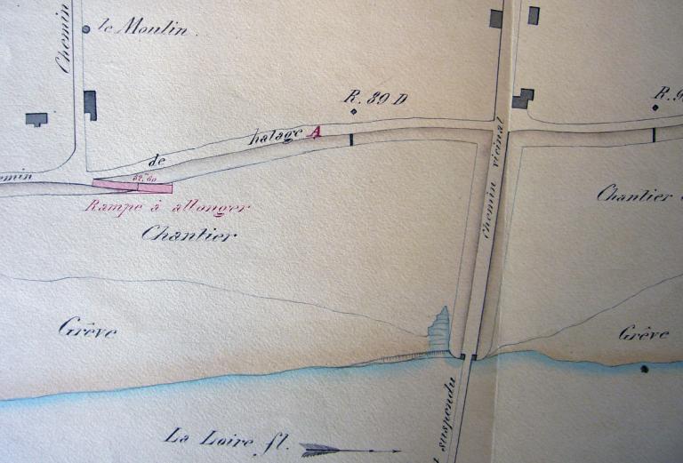 Projet de modification de la cale du Moulin à Muides, par l'ingénieur ordinaire Jollois, 8 juillet 1860. (archives départementales du Loir-et-Cher, 3 S 334).