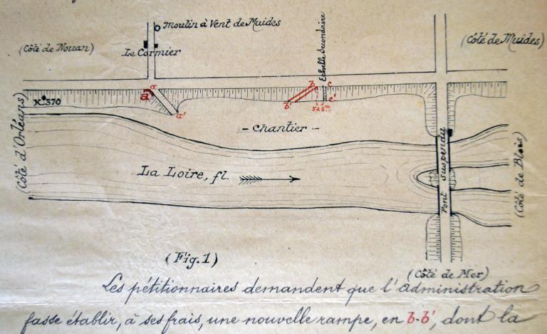 Plan de situation de la cale dite du Cormier ou du Moulin, 1909. Les habitants demandent l'établissement d'une autre cale un peu en aval. (archives départementales du Loir-et-Cher, 3 S 120).