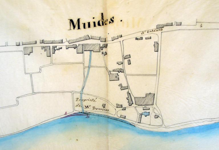 Projet d'établir une rampe vis à vis du bourg de Muides à la demande de la municipalité en 1845. Plan de l'ingénieur ordinaire, 5 juillet 1845, détail. (archives départementales du Loir-et-Cher, 3 S 109).