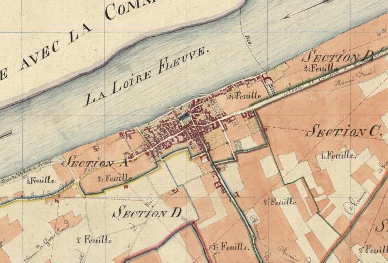 Extrait du cadastre napoléonien de 1826 avec mention du bac et de cinq cales. (archives départementales du Loir-et-Cher, 3 P 2 208/1). ; Extrait du cadastre napoléonien de 1826 avec mention du bac et de cinq cales. (archives départementales du Loir-et-Cher, 3 P 2 208/1).