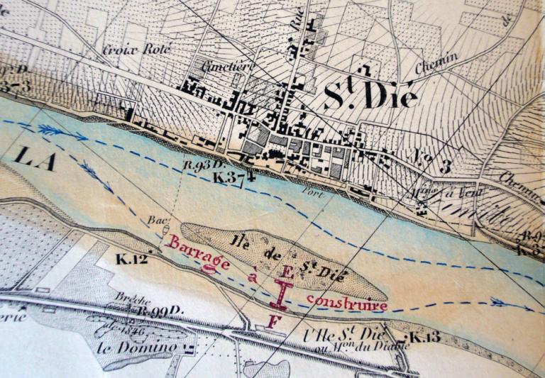 Extrait de la carte de la Loire de l'ingénieur Coumes (1848) complétée par l'ingénieur Delaitre en 1851. Mention du projet de construction d'un barrage pour la fermeture du faux bras de l'île de Saint-Dyé. ; Extrait de la carte de la Loire de l'ingénieur Coumes (1848) complétée par l'ingénieur Delaitre en 1851. (archives départementales du Loir-et-Cher, 3 S 334). ; Extrait de la carte de la Loire de l'ingénieur Coumes (1848) complétée par l'ingénieur Delaitre en 1851. (archives départementales du Loir-et-Cher, 3 S 334). ; Extrait de la carte de la Loire de l'ingénieur Coumes (1848) complétée par l'ingénieur Delaitre en 1851. (archives départementales du Loir-et-Cher, 3 S 334).