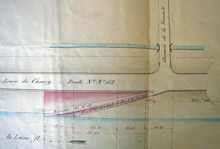 Amélioration de la rampe de la Vicomté à Chouzy, plan de l'ingénieur ordinaire Humbert, 7 octobre 1882. (archives départementales du Loir-et-Cher, 3 S 334).