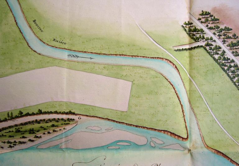 Plan de l'embouchure de la rivière du Beuvron dans la Loire aux abords de la commune de Candé par l'ingénieur Cabaille, 24 floréal an 10 (1802). Détail. (archives nationales, F 14 556).