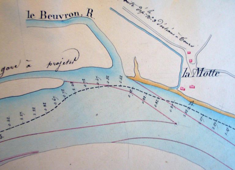 Plan du cours de la Loire dans le département du Loir-et-Cher, 15 mars 1834, détail. (archives nationales, F 14 6628).