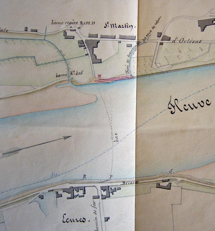 Bac reliant Onzain (Ecures) et Chaumont-sur-Loire, plan dressé par l'ingénieur Delaitre le 20 mars 1851. Détail. (archives départementales du Loir-et-Cher, 3 S 334). ; Bac reliant Onzain (Ecures) et Chaumont-sur-Loire, plan dressé par l'ingénieur Delaitre le 20 mars 1851. Détail. (archives départementales du Loir-et-Cher, 3 S 334).