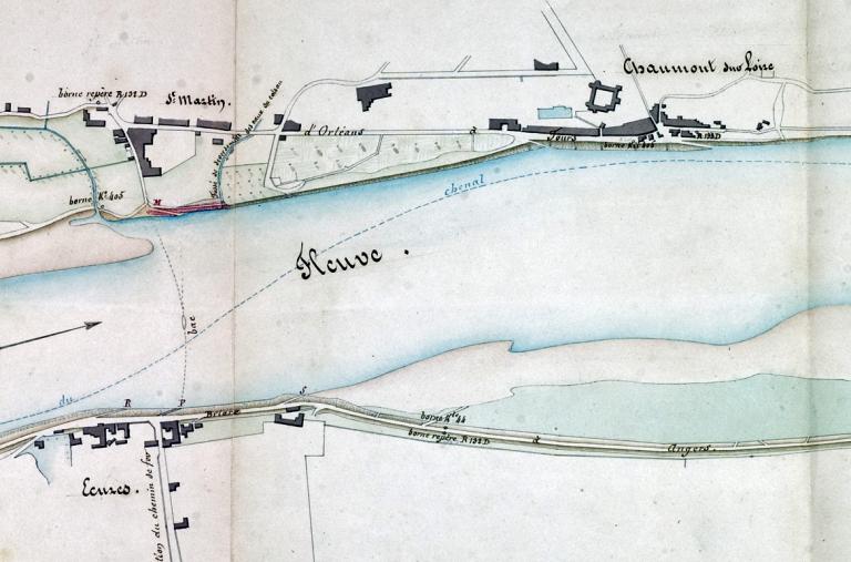 Plan de la Loire à Chaumont par l'ingénieur Delaitre, 20 mars 1851. Mention des deux cales sur le port. (archives départementales du Loir-et-Cher, 3 S 334). ; Plan de la Loire à Chaumont par l'ingénieur Delaitre, 20 mars 1851. Mention des deux cales sur le port. (archives départementales du Loir-et-Cher, 3 S 334). ; Plan de la Loire à Chaumont par l'ingénieur Delaitre, 20 mars 1851. Mention de la cale de la Tuilerie. (archives départementales du Loir-et-Cher, 3 S 334). ; Plan de la Loire à Chaumont par l'ingénieur Delaitre, 20 mars 1851. (archives départementales du Loir-et-Cher, 3 S 334). ; Projet de restauration de la rampe d'abordage du bac à Chaumont (lieudit Saint-Martin) par l'ingénieur Delaitre, 20 mars 1851. (archives départementales du Loir-et-Cher, 3 S 334).