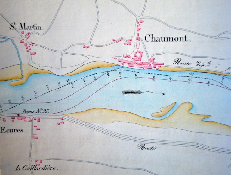 Plan du cours de la Loire dans le Loir-et-Cher, 15 mars 1834, détail. (archives nationales, F 14 6628).