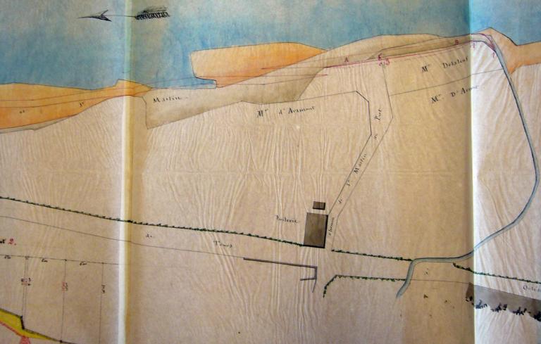 Plan du port de Chaumont par l'ingénieur Delaitre, 23 juillet 1848, relatif au nouvel alignement du port. Détail. (archives départementales du Loir-et-Cher, 3 S 163). ; Plan du port de Chaumont par l'ingénieur Delaitre, 23 juillet 1848, relatif au nouvel alignement du port. Détail. (archives départementales du Loir-et-Cher, 3 S 163).