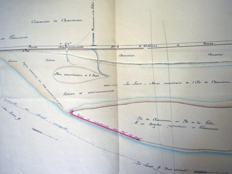Défense des rives et île de Chaumont, plan de l'ingénieur ordinaire Heude, 25 mars 1881. (archives départementales du Loir-et-Cher, 3 S 333).
