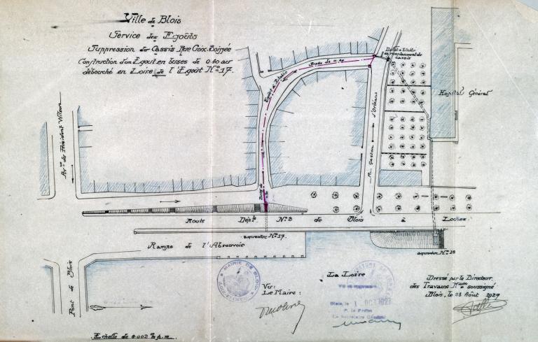 Ville de Blois, service des égouts, suppression du cassis Rue Croix-Boissée, plan dressé par le Directeur des travaux, 28 août 1927. Détail sur la rampe abreuvoir. (archives départementales du Loir-et-Cher, 3 S 120).