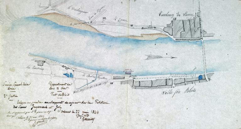 Plan de la Loire dans la traversée de la ville de Blois, 22 mai 1844, par l'ingénieur Delaitre. (archives départementales du Loir-et-Cher, 3 S 150).