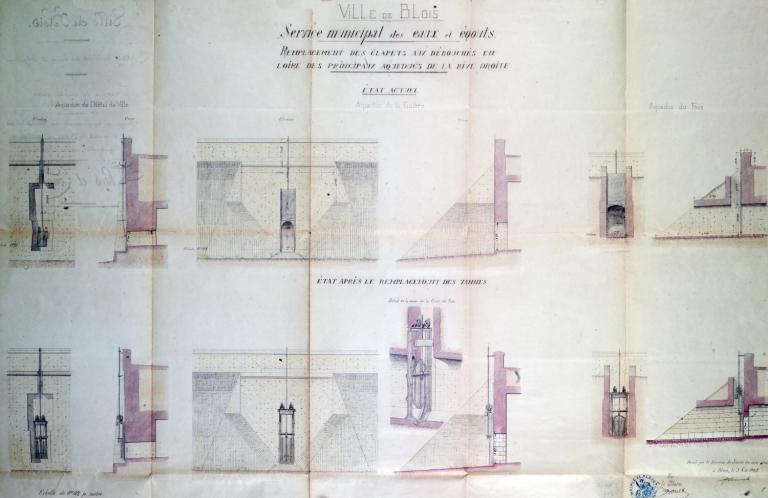 Service municipal des égouts, projet de remplacement des vannes écluses des débouchés en Loire des principaux égouts collecteurs de la rive droite à Blois, 3 mai 1902, par le directeur du Service des eaux.