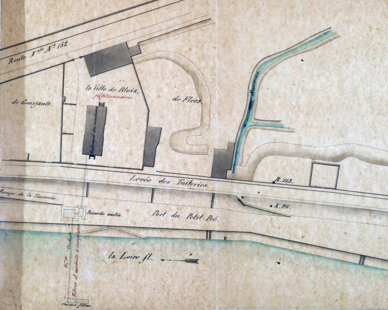 Plan des prises d'eau en Loire au niveau du port du Petit Pré, 20 avril 1882, par l'ingénieur ordinaire Heude. (archives départementales du Loir-et-Cher, 3 S 149).