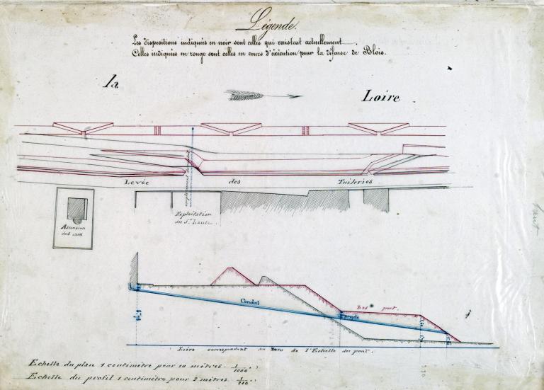 Plan et coupe annexés à un rapport de l'ingénieur ordinaire daté du 6 juin 1860 concernant une demande d'autorisation d'établir une conduite en fonte à travers la levée à 150 m environ en amont du port Saint-Jean pour l'écoulement des eaux d'une usine. ; Plan et coupe annexés à un rapport de l'ingénieur ordinaire daté du 6 juin 1860 concernant une demande d'autorisation d'établir une conduite en fonte à travers la levée à 150 m environ en amont du port Saint-Jean pour l'écoulement des eaux d'une usine.