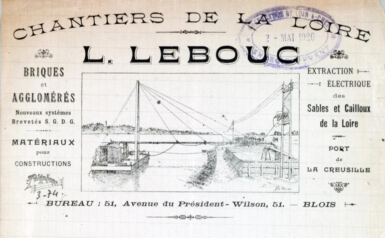 Papier entête d'un entrepreneur de Blois, L. Lebouc, représentant un aménagement (extraction électrique des sables et cailloux de la Loire) établi sur le port de la Creusille, 1920. (archives départementales du Loir-et-Cher, 3 S 156).