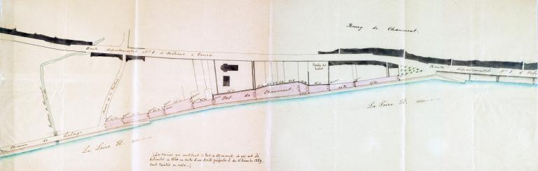 Plan du port de Chaumont par l'ingénieur Humbert, 7 mai 1893. Mention du bornage du port effectué en 1860 (en rose). (archives départementales du Loir-et-Cher, 3 S 161).