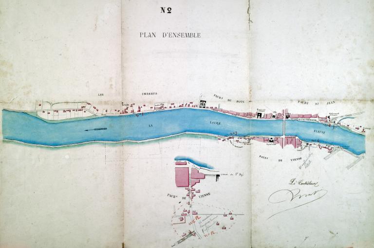 Plan d'alignement de la ville de Blois par le contrôleur, non daté : quai des Imberts, la levée du Foix, la promenade du Mail, la levée des Tuileries (rive droite), levée de Chailles, levée de Saint-Dyé, rue des Ponts Chartrains (rive gauche).