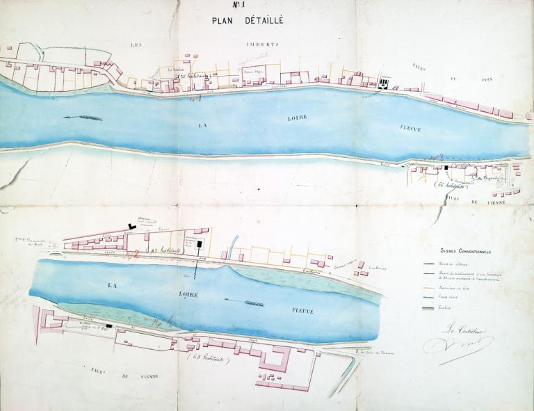 Plan d'alignement du quai des Imberts, de la levée du Foix, de la levée de Chailles, de la levée des Tuileries et de la levée de Saint-Dyé, dressé par le contrôleur, non daté. (archives départementales du Loir-et-Cher, 1 Fi 1538).