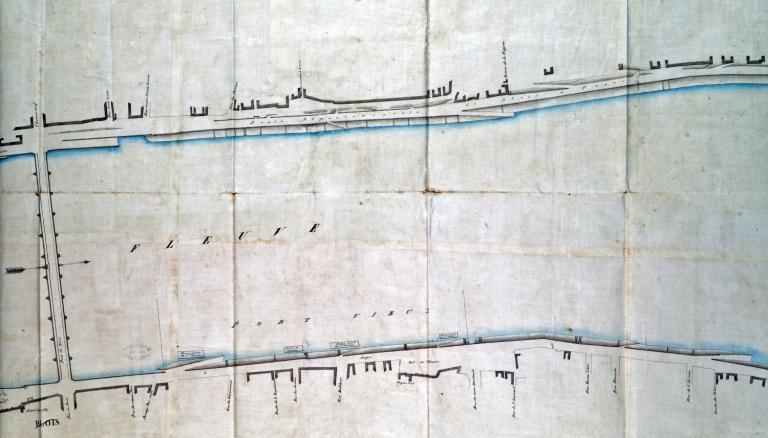 Plan des diverses parties du port de Blois à joindre au projet de règlement sur la police de la navigation, 8 janvier 1845, par l'ingénieur ordinaire Delaitre. Détail. (archives départementales du Loir-et-Cher, 1 Fi 839). ; Plan des diverses parties du port de Blois à joindre au projet de règlement sur la police de la navigation, 8 janvier 1845, par l'ingénieur ordinaire Delaitre. Détail. (archives départementales du Loir-et-Cher, 1 Fi 839).