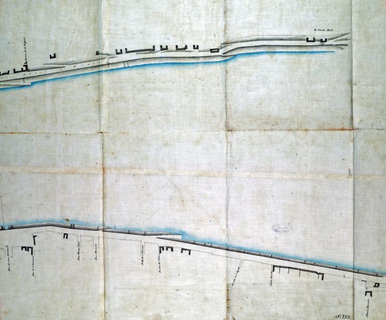 Plan des diverses parties du port de Blois à joindre au projet de règlement sur la police de la navigation, 8 janvier 1845, par l'ingénieur ordinaire Delaitre. Détail. (archives départementales du Loir-et-Cher, 1 Fi 839).
