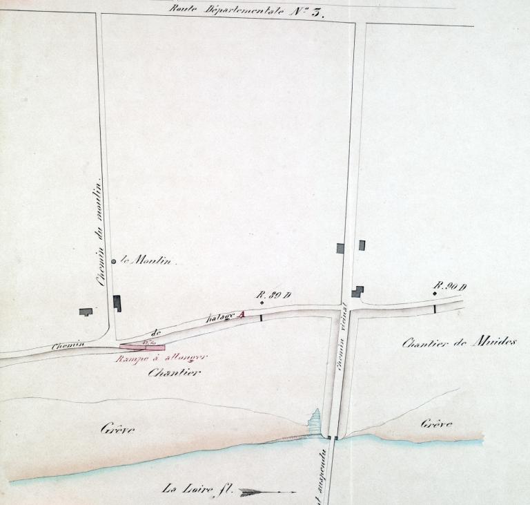 Projet de modification de la cale du Moulin à Muides, par l'ingénieur ordinaire Jollois, 8 juillet 1860. (archives départementales du Loir-et-Cher, 3 S 334).