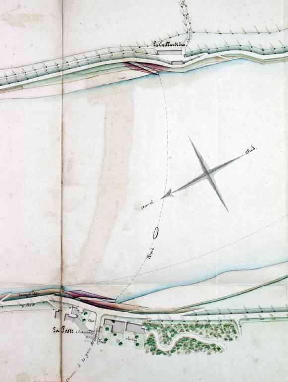 Plan du bac reliant Chouzy-sur-Cisse et Candé-sur-Beuvron avec projet de réfection des cales d'abordages par l'ingénieur ordinaire, 15 juin 1851. Détail. (archives départementales du Loir-et-Cher, 3 S 334). ; Plan du bac de Chouzy avec projet de réfection des cales d'abordages par l'ingénieur ordinaire, 15 juin 1851. Détail. (archives départementales du Loir-et-Cher, 3 S 334).