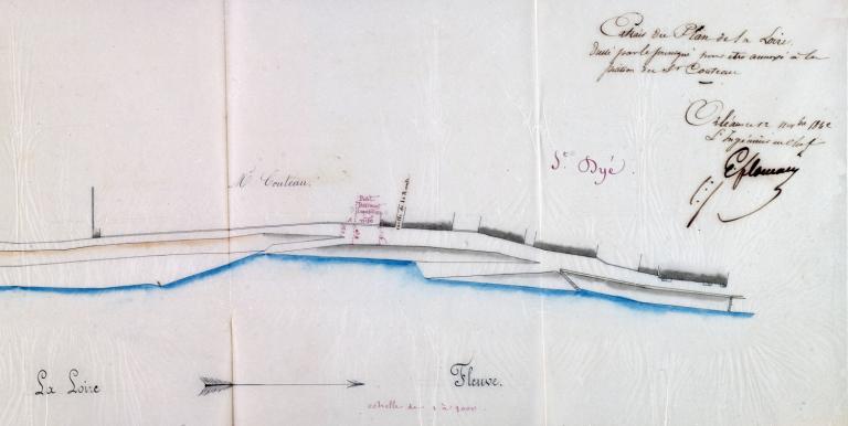 Plan d'une partie du port de Saint-Dyé suite à la pétition du sieur Couteau fabricant de fécule, 12 novembre 1842, par l'ingénieur en chef Floucaud. (archives départementales du Loir-et-Cher, 3 S 163). ; Plan d'une partie du port de Saint-Dyé suite à la pétition du sieur Couteau fabricant de fécule, 12 novembre 1842, par l'ingénieur en chef Floucaud. (archives départementales du Loir-et-Cher, 3 S 163).