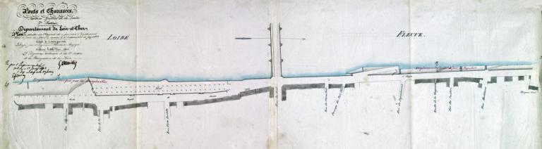 Plan relatif à l'emplacement à Blois (rive droite) de l'embarcadère des Paquebots (à exécuter), 26 mai 1843, par l'ingénieur ordinaire Delaitre. (archives départementales du Loir-et-Cher, 3 S 164).