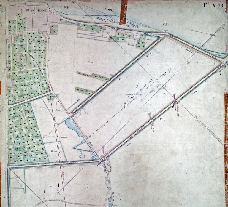 Carte de la Loire dans la traversée du Loir-et-Cher, non datée (vers 1850), détail sur la rive gauche en amont du pont à Blois (port de la Creusille). (archives départementales du Loir-et-Cher, 116 Fi feuille 18).