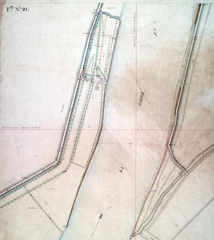 Carte de la Loire dans la traversée du Loir-et-Cher, non datée (vers 1850). Détail sur le lieudit la Scierie avec mention d'une cale. (archives départementales du Loir-et-Cher, 116 Fi feuille 10).