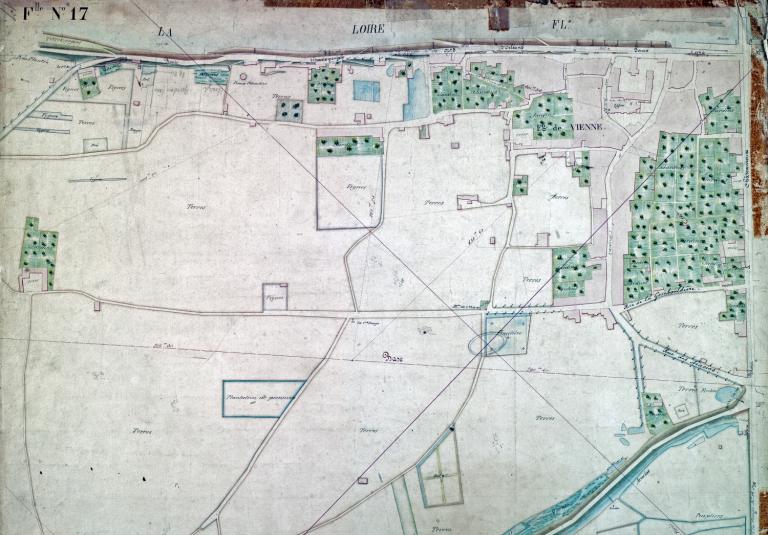 Carte de la Loire dans la traversée du Loir-et-Cher, non datée (vers 1850) : détail sur la rive gauche en aval du pont Gabriel à Blois. (archives départementales du Loir-et-Cher, 116 feuille 17).