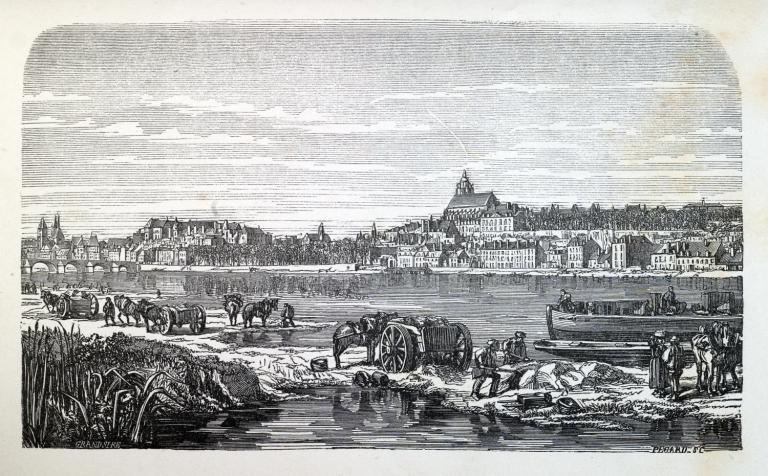 Vue de la ville et des bords de Loire avec le port de la Creusille en premier plan, vers 1867, dessiné par Grandsire. (archives départementales du Loir-et-Cher, GL 14).