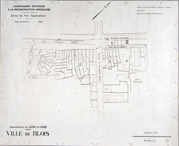 Commissariat technique à la Reconstruction Immobilière, service des plans topographiques. Département du Loir-et-Cher, ville de Blois, plan topographique de la rive gauche, 1941. (Ville de Blois, service du cadastre, Blois).