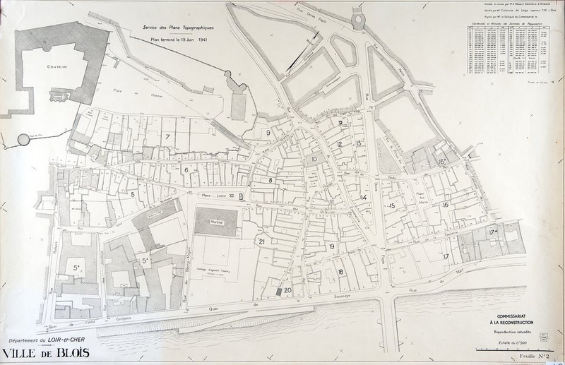 Commissariat technique à la Reconstruction Immobilière, service des plans topographiques. Département du Loir-et-Cher, ville de Blois, plan topographique de la rive droite, 1941. (Ville de Blois, service du cadastre, Blois).