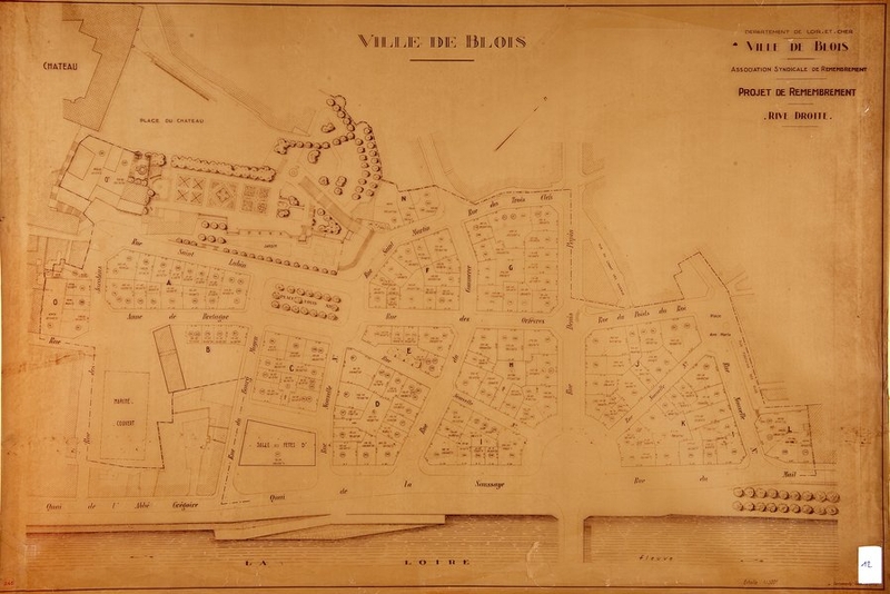 Ville de Blois, association syndicale de remembrement. Projet de remembrement, rive droite.  (Ville de Blois, service du cadastre, Blois). ; Ville de Blois, association syndicale de remembrement. Projet de remembrement, rive droite.  (Ville de Blois, service du cadastre, Blois). ; Ville de Blois, association syndicale de remembrement. Projet de remembrement, rive droite.  (Ville de Blois, service du cadastre, Blois).