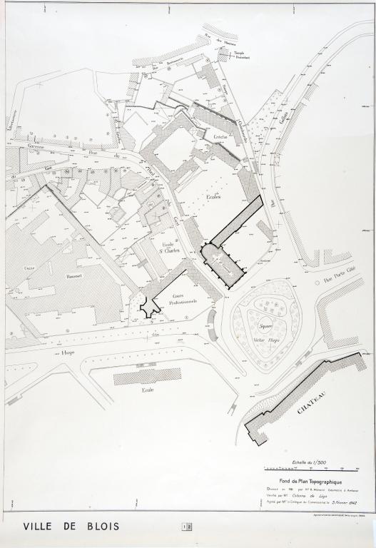 Commissariat à la Reconstruction, fond de plan topographique du quartier Victor-Hugo, partie est, 1941. (Ville de Blois, service du cadastre, Blois). ; Commissariat à la Reconstruction, département de Loir-et-Cher, Ville de Blois. Fond de plan topographique, quartier Victor-Hugo, 1941. (Ville de Blois, service du cadastre, Blois).