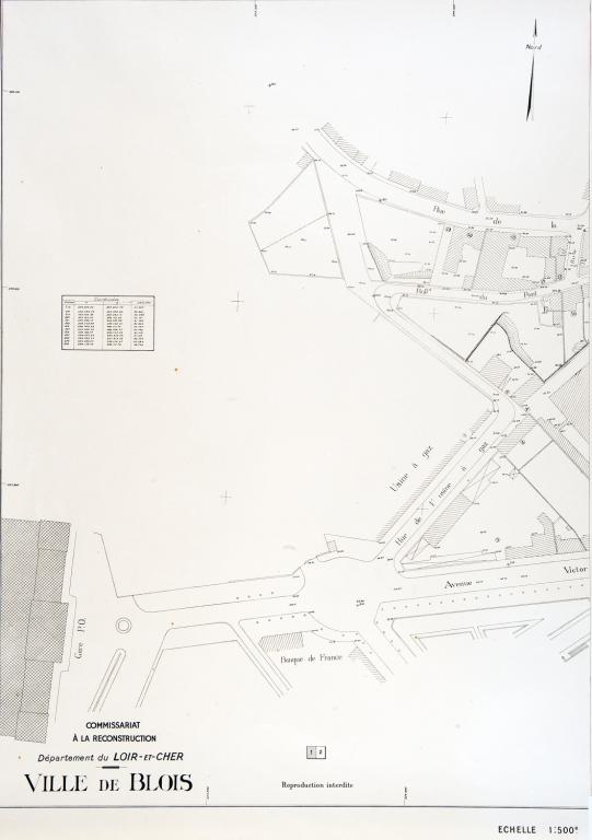 Commissariat à la Reconstruction, fond de plan topographique du quartier Victor-Hugo, partie ouest, 1941. (Ville de Blois, service du cadastre, Blois). ; Commissariat à la Reconstruction, département de Loir-et-Cher, Ville de Blois. Fond de plan topographique, quartier Victor-Hugo, 1941. (Ville de Blois, service du cadastre, Blois).