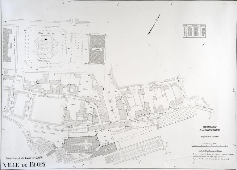 Commissariat à la Reconstruction, département du Loir-et-Cher, Ville de Blois. Fond de plan topographique, quartier du Carmel, 1942. (Ville de Blois, service du cadastre, Blois).