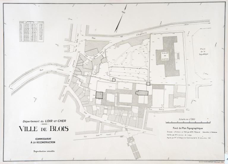 Commissariat à la Reconstruction, département du Loir-et-Cher, Ville de Blois. Fond de plan topographique, quartier de l'ancienne prison, 1941.  (Ville de Blois, service du cadastre, Blois).