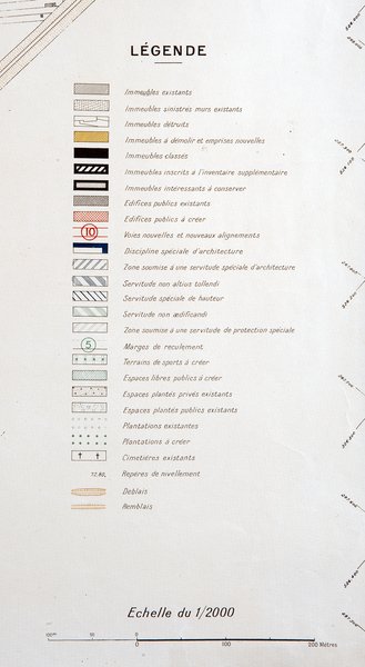 Plan de Reconstruction et d'Aménagement de Blois approuvé par arrêté 6-11-1942, (détail, légende). (Ville de Blois, service du cadastre, Blois).