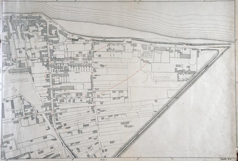 Plan établi d'après photographies aériennes en 1937 par l'ingénieur ETP par R. Ménard : rive gauche de la Loire en amont du pont Jacques Gabriel. (ville de Blois, service du cadastre).