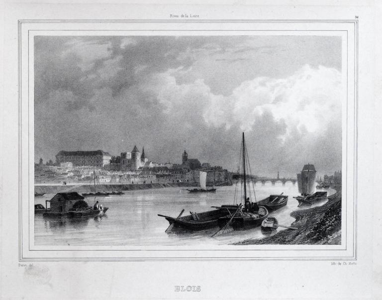 La Loire à Blois par Deroy, 1835-1836. Vue prise de la rive gauche en aval du pont, vers l'amont. (musée de la Marine de Loire, Châteauneuf-sur-Loire).